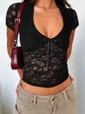 Devine V-Neck Short Sleeve Lace Top - Hovatok