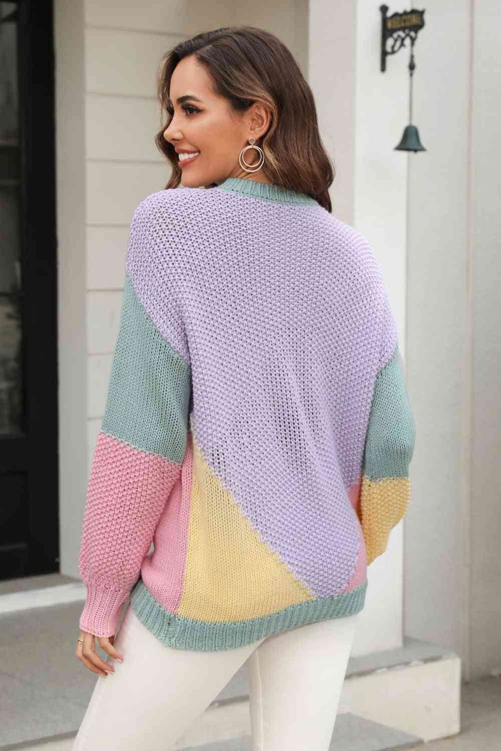 Angel Wings Color Block Round Neck Drop Shoulder Sweater - Hovatok