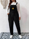 Embroidered Sunflower Wide Strap Overalls with Pockets - Hovatok