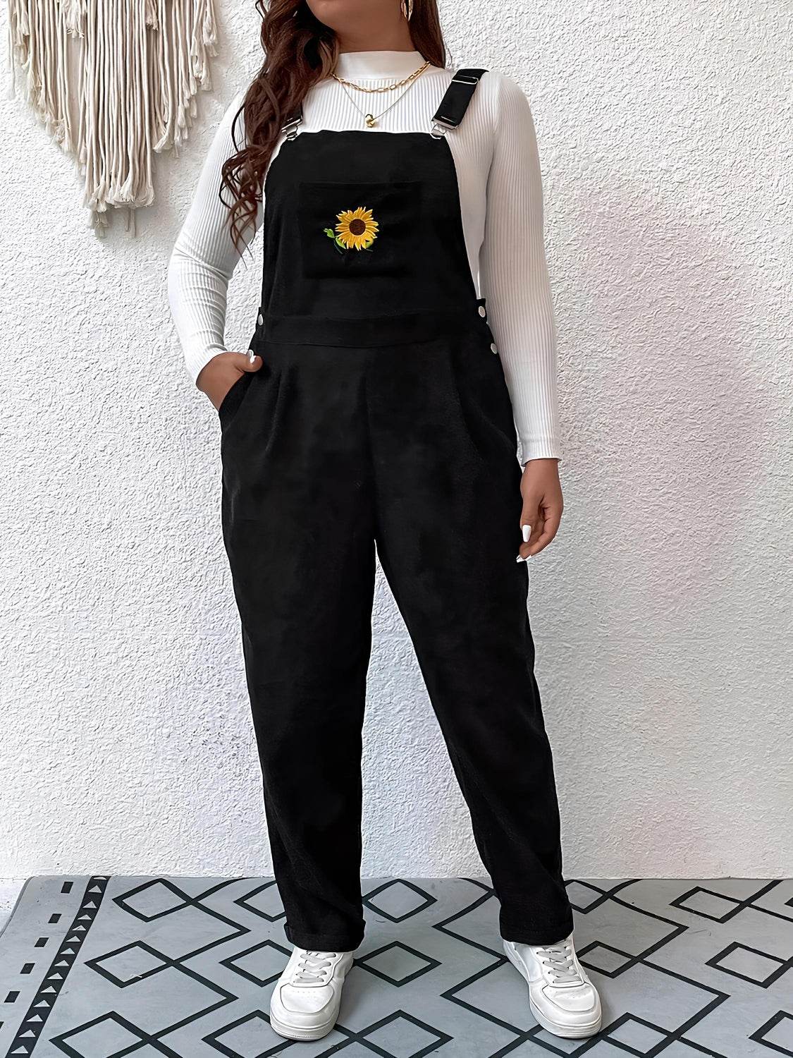 Embroidered Sunflower Wide Strap Overalls with Pockets - Hovatok