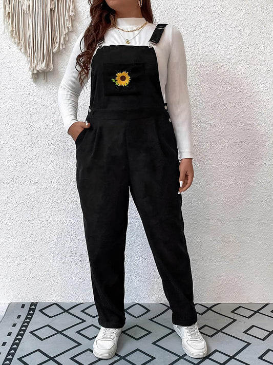 Embroidered Sunflower Wide Strap Overalls with Pockets - Hovatok