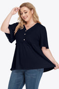 Plus Size Buttoned V-Neck Frill Trim Babydoll Blouse - Hovatok