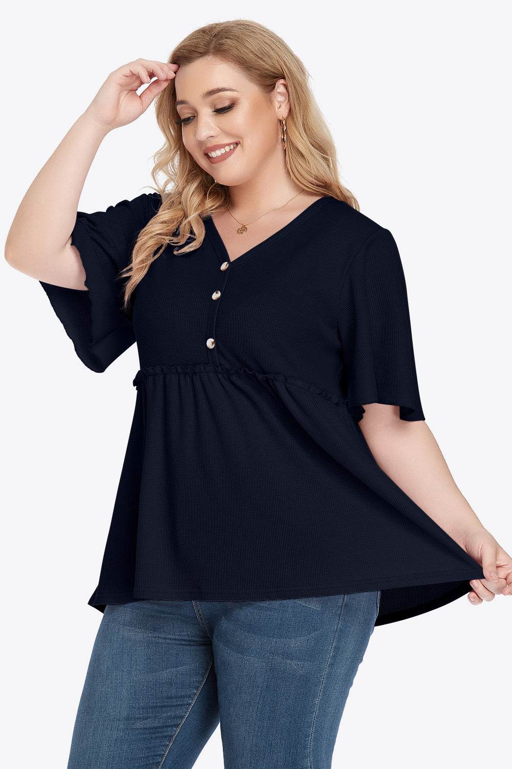 Plus Size Buttoned V-Neck Frill Trim Babydoll Blouse - Hovatok
