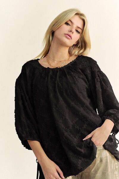 Davi & Dani Tied Round Neck Mesh Blouse - Hovatok