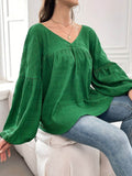 Plus Size Texture V-Neck Long Sleeve Top - Hovatok