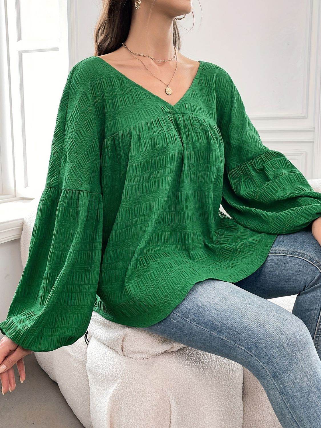 Plus Size Texture V-Neck Long Sleeve Top - Hovatok