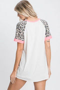 HeimishFull Size Leopard Round Neck Short Sleeve T-Shirt with Stitch Plus Size - Hovatok