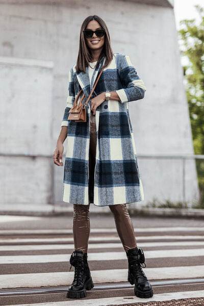 Double Take Full Size Plaid Button Up Lapel Collar Coat - Hovatok