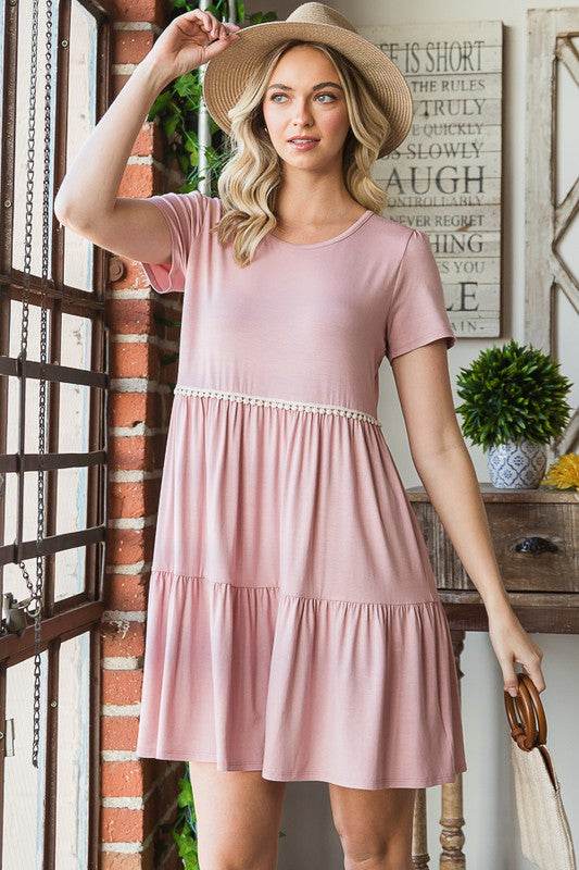 Heimish Full Size Solid Mini Tiered Dress with Pompom Lace Plus Size - Hovatok