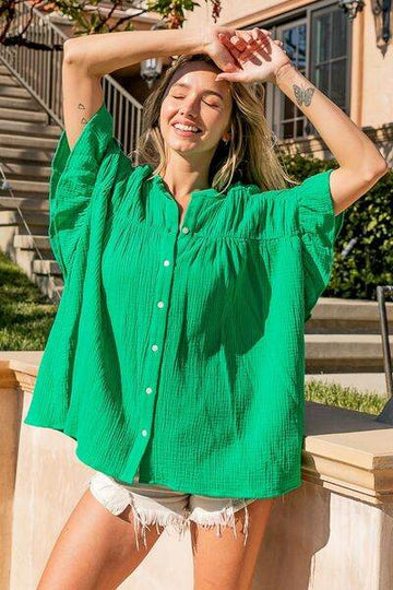 BiBi Texture Button Up Ruffled Short Sleeve Shirt - Hovatok
