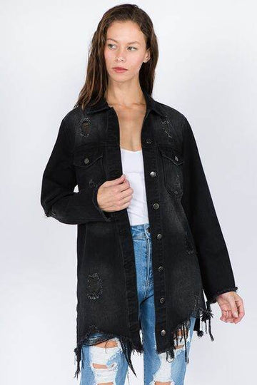 American Bazi Distressed Frayed Hem Denim Jacket - Hovatok