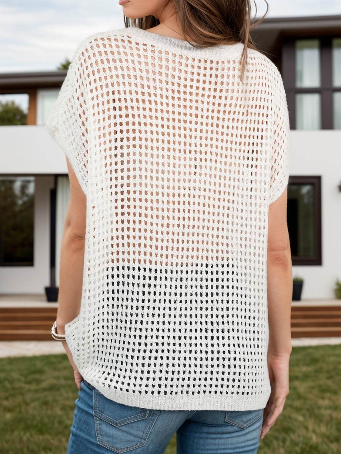 Openwork Round Neck Short Sleeve Cover-Up - Hovatok