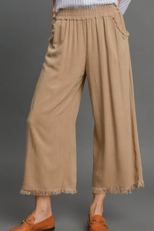 Umgee Full Size Linen Blend Elastic Waistband Wide Leg Pants Plus Size - Hovatok