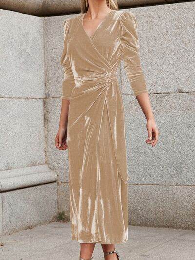 Surplice Puff Sleeve Midi Dress - Hovatok