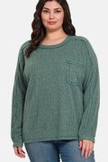 Zenana Full Size Contrast Stitching Brushed Ribbed Hacci Knit Top - Hovatok