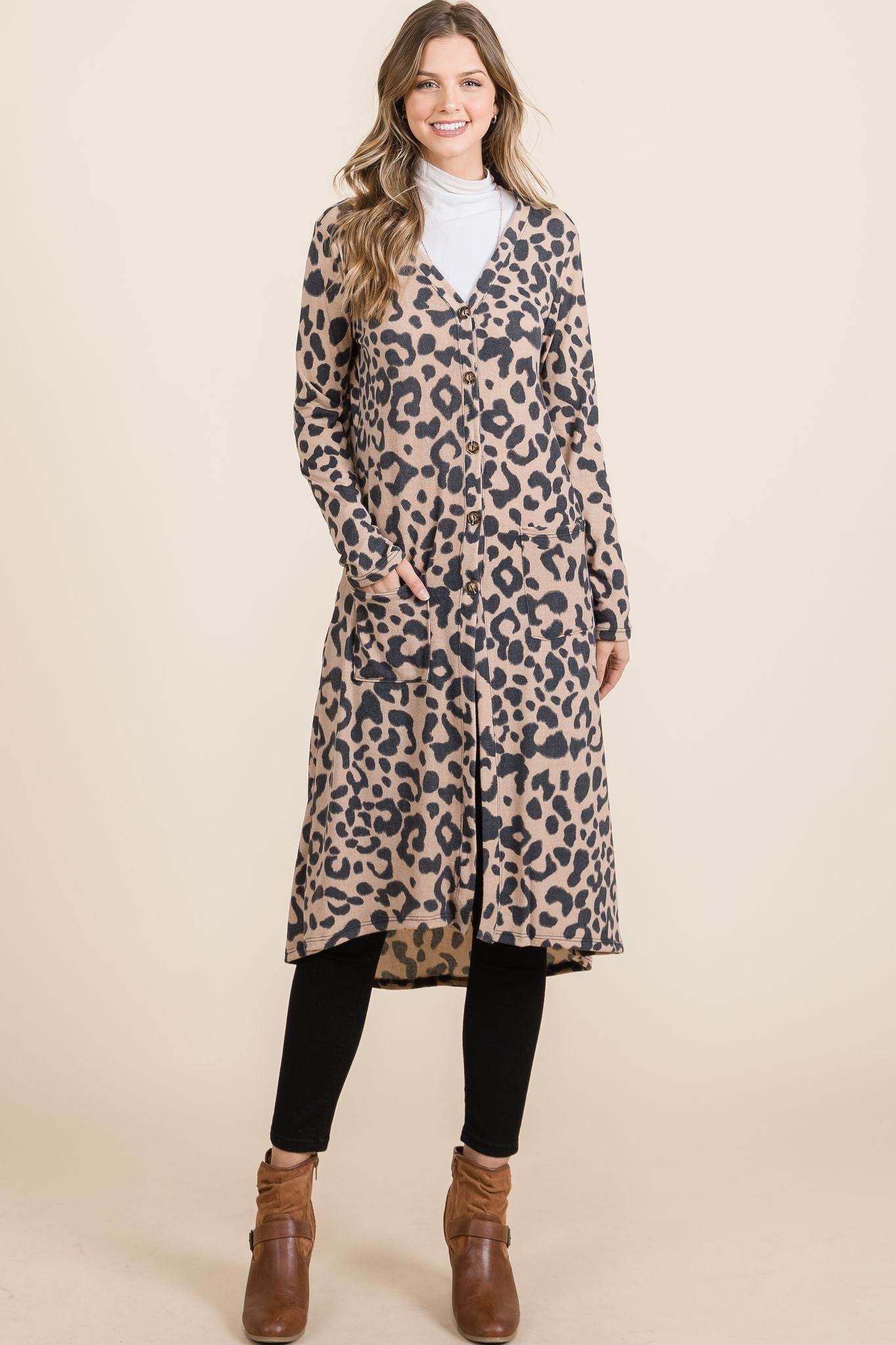Celeste Full Size Leopard V-Neck Long Sleeve Cardigan - Hovatok
