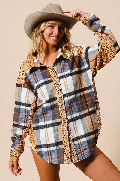 BiBi Curved Hem Sequin Plaid Button Up Shacket - Hovatok