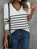 Angel Wings Striped V-Neck Drop Shoulder Sweater - Hovatok