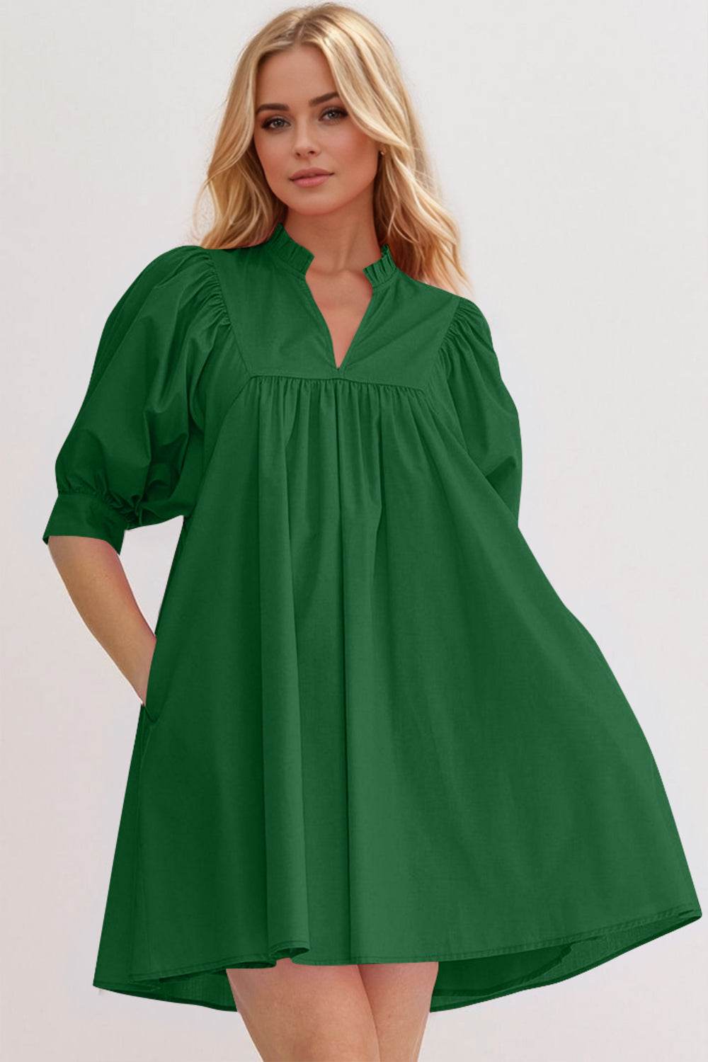Oh Frill Notched Puff Sleeve Babydoll Mini Dress - Hovatok
