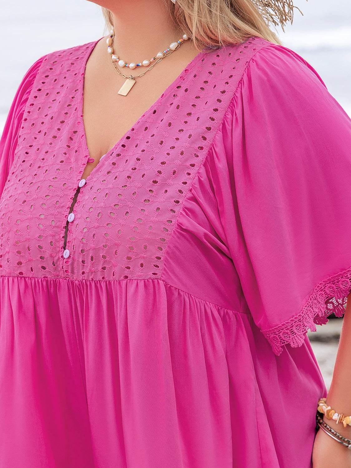 Plus Size Lace Detail V-Neck Half Sleeve Romper - Hovatok