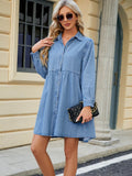 Tiered Button Up Long Sleeve Denim Dress - Hovatok