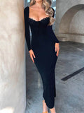 Devine Slit Lace Detail Sweetheart Neck Long Sleeve Maxi Dress - Hovatok