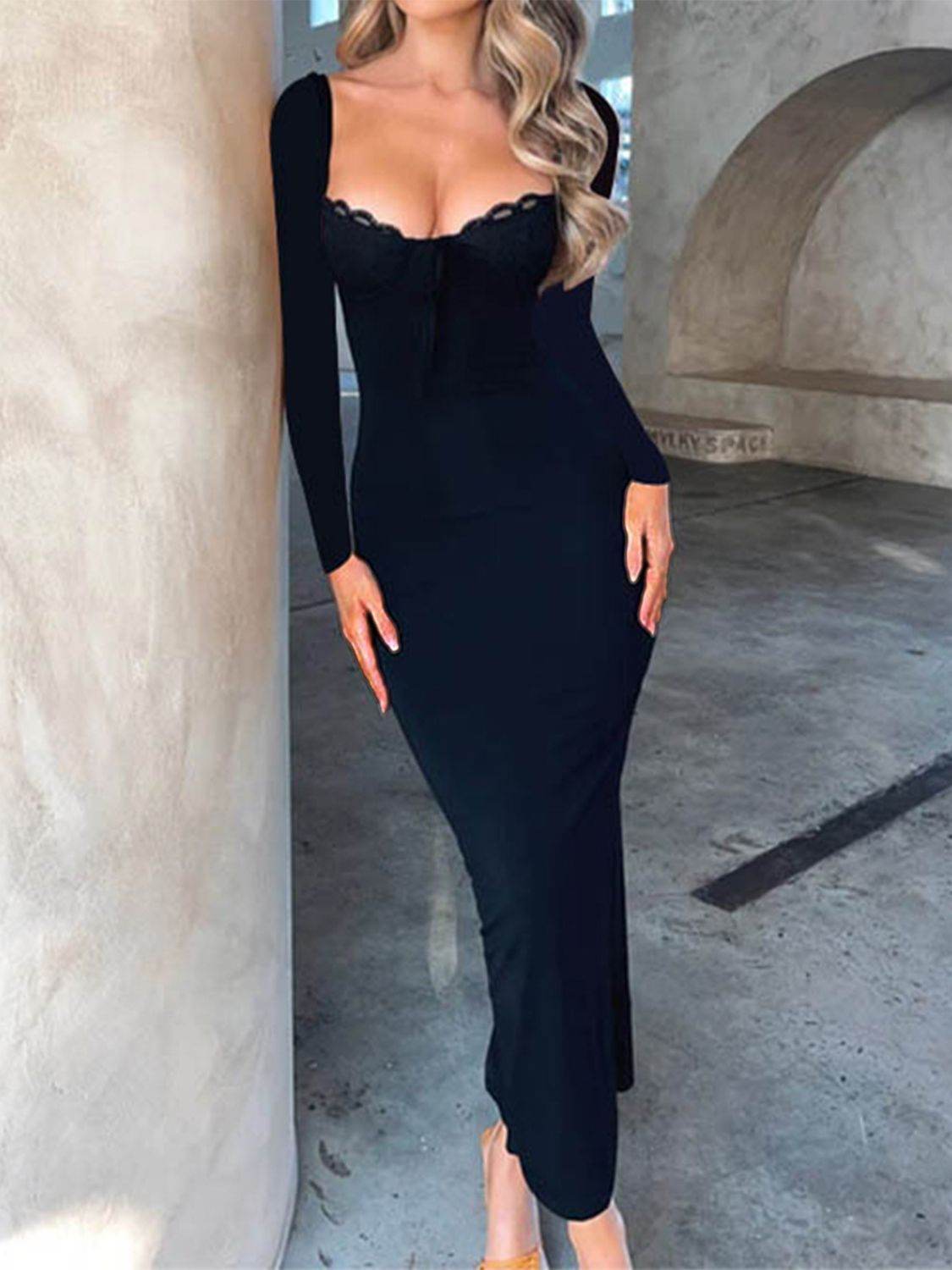 Devine Slit Lace Detail Sweetheart Neck Long Sleeve Maxi Dress - Hovatok