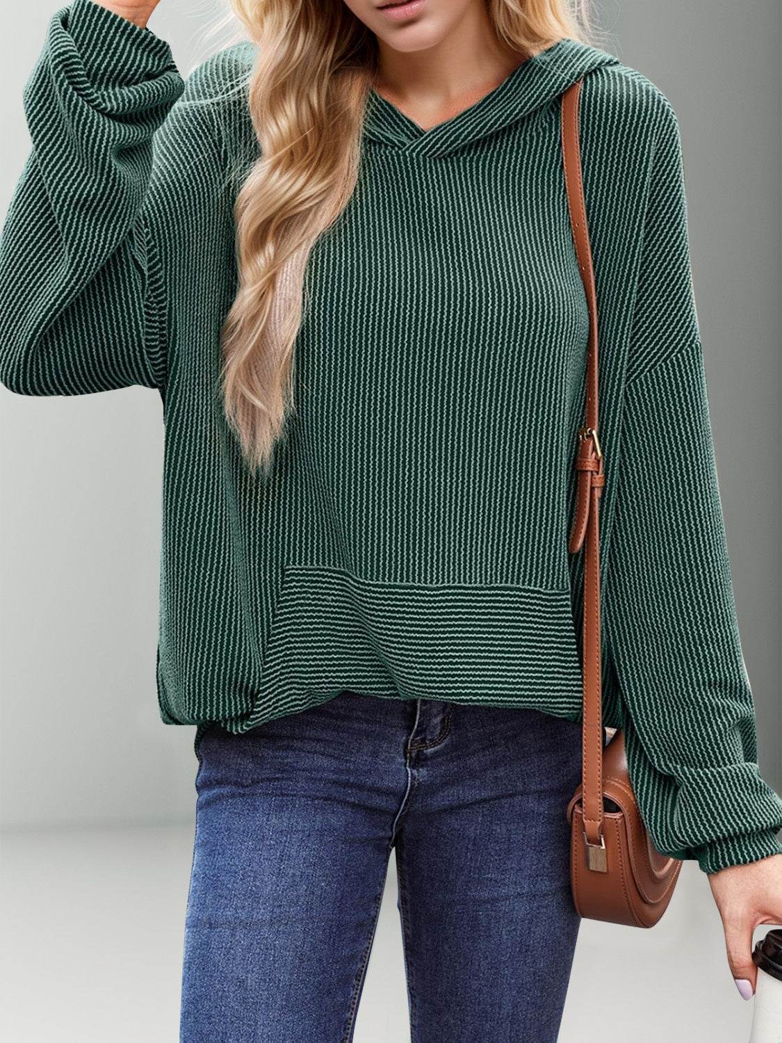 Double Take Textured Kangaroo Pocket Long Sleeve Hoodie - Hovatok