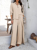 Devine Button Down Long Sleeve Top and Wide Leg Pants Set - Hovatok