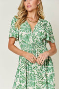 Double Take Full Size Printed Drawstring Short Sleeve Dress - Hovatok