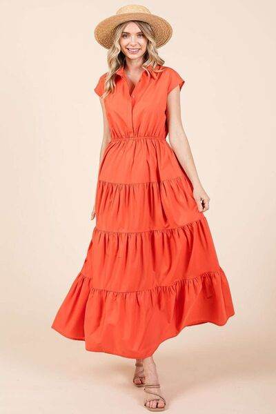 Mittoshop Button Up Collared Tiered Maxi Shirt Dress - Hovatok
