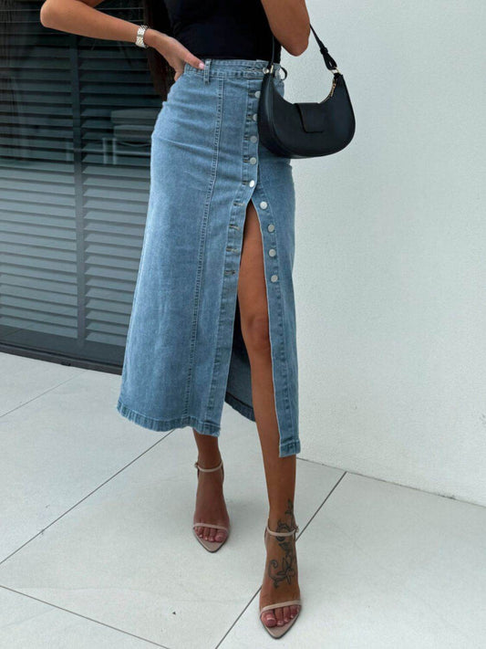 Front Button Slit Midi Denim Skirt - Hovatok