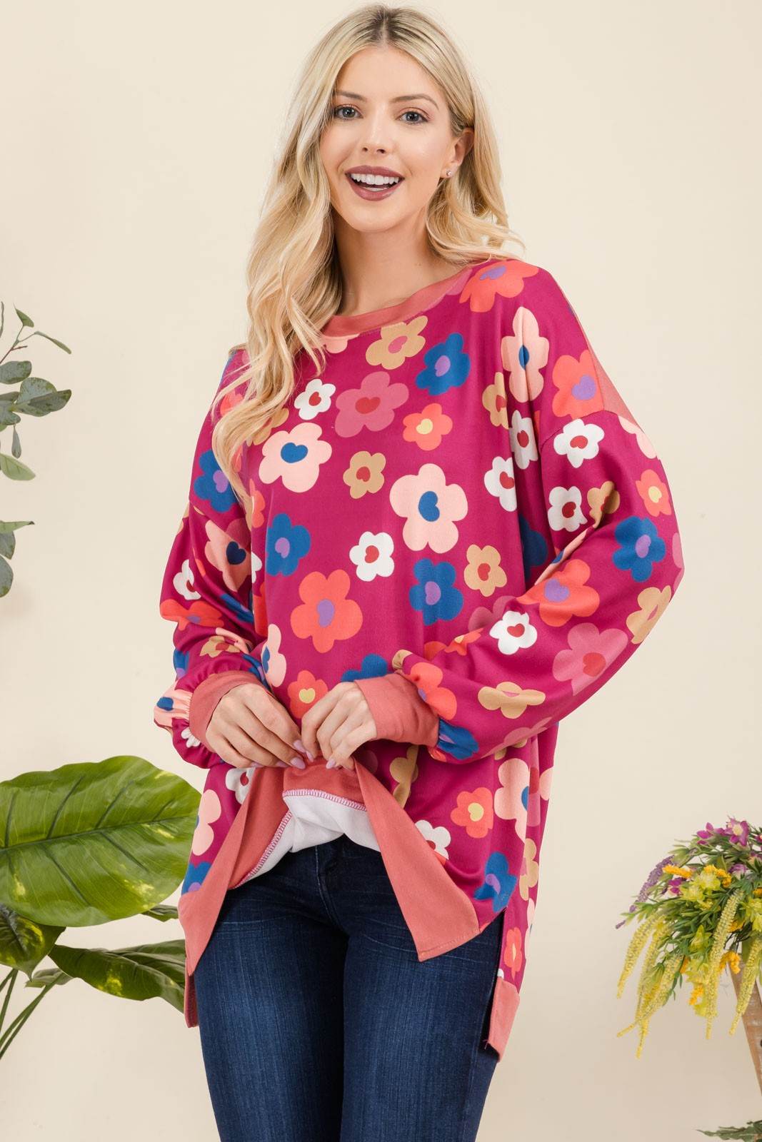 Celeste Full Size Side Slit Flower Print Long Sleeve Top - Hovatok
