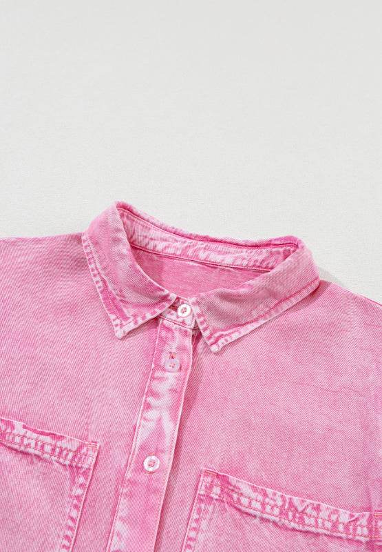 Collared Neck Button Down Mini Denim Dress - Hovatok
