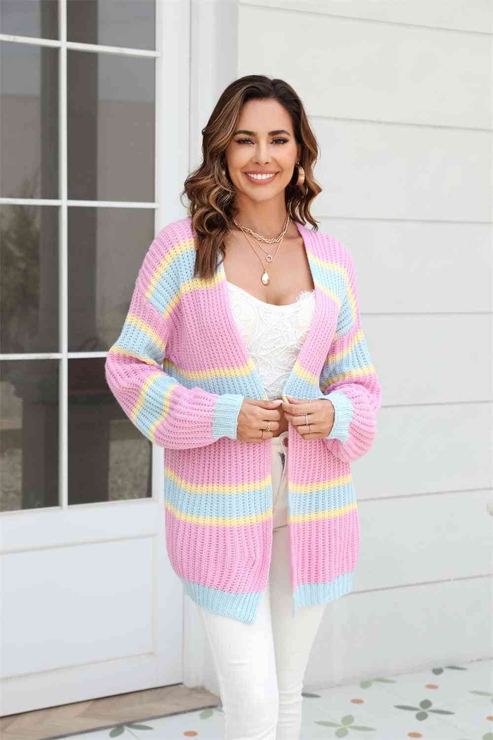 Angel Wings Color Block Ribbed Dropped Shoulder Open Front Cardigan - Hovatok