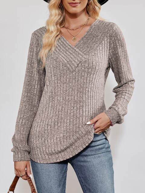 V-Neck Ribbed Long Sleeve Top - Hovatok