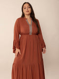 Plus Size Ruffled Notched Long Sleeve Midi Dress - Hovatok