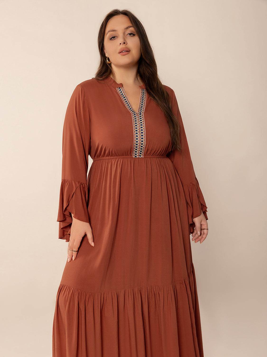 Plus Size Ruffled Notched Long Sleeve Midi Dress - Hovatok