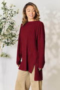 Basic Bae Full Size Ribbed Round Neck Long Sleeve Slit Top - Hovatok
