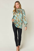 Double Take Full Size Printed Smocked Long Sleeve Blouse - Hovatok