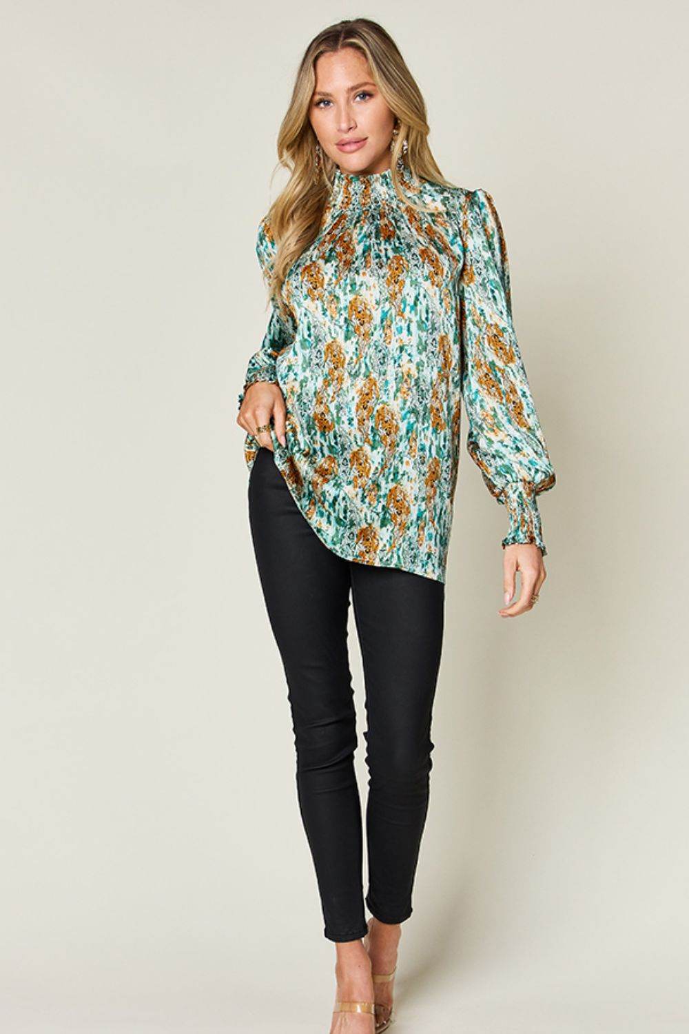 Double Take Full Size Printed Smocked Long Sleeve Blouse - Hovatok