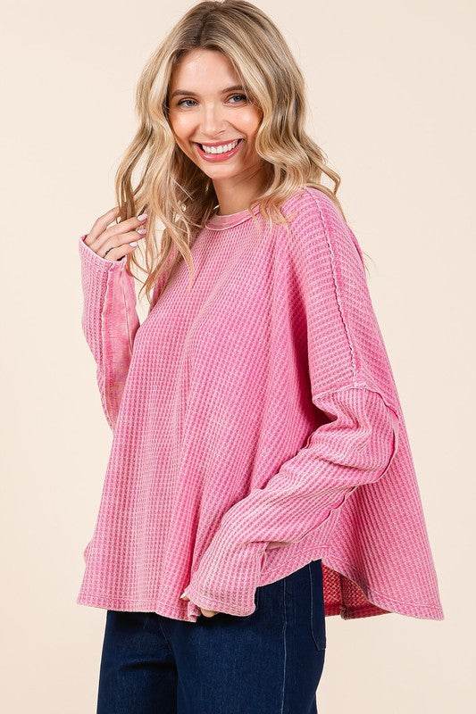 Mittoshop Waffle-Knit Exposed Seam Round Neck Top - Hovatok