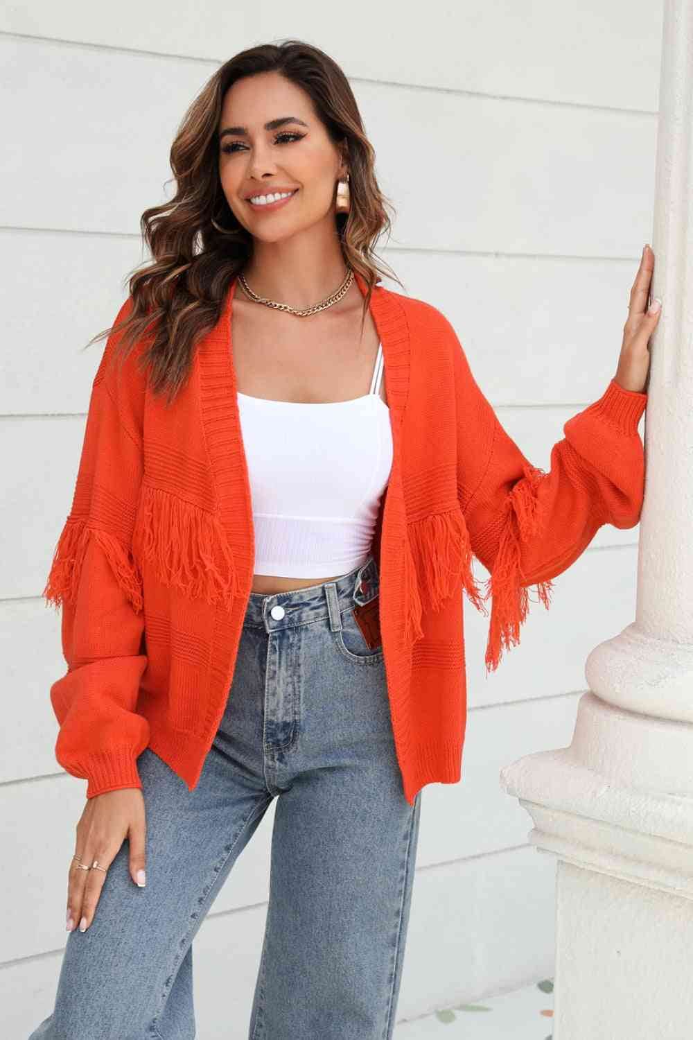 Angel Wings Fringe Trim Open Front Cardigan - Hovatok