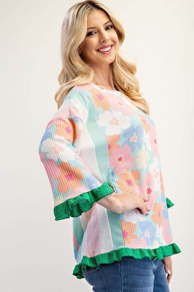 Celeste Full Size Floral Ruffle Hem Round Neck Blouse Plus Size - Hovatok