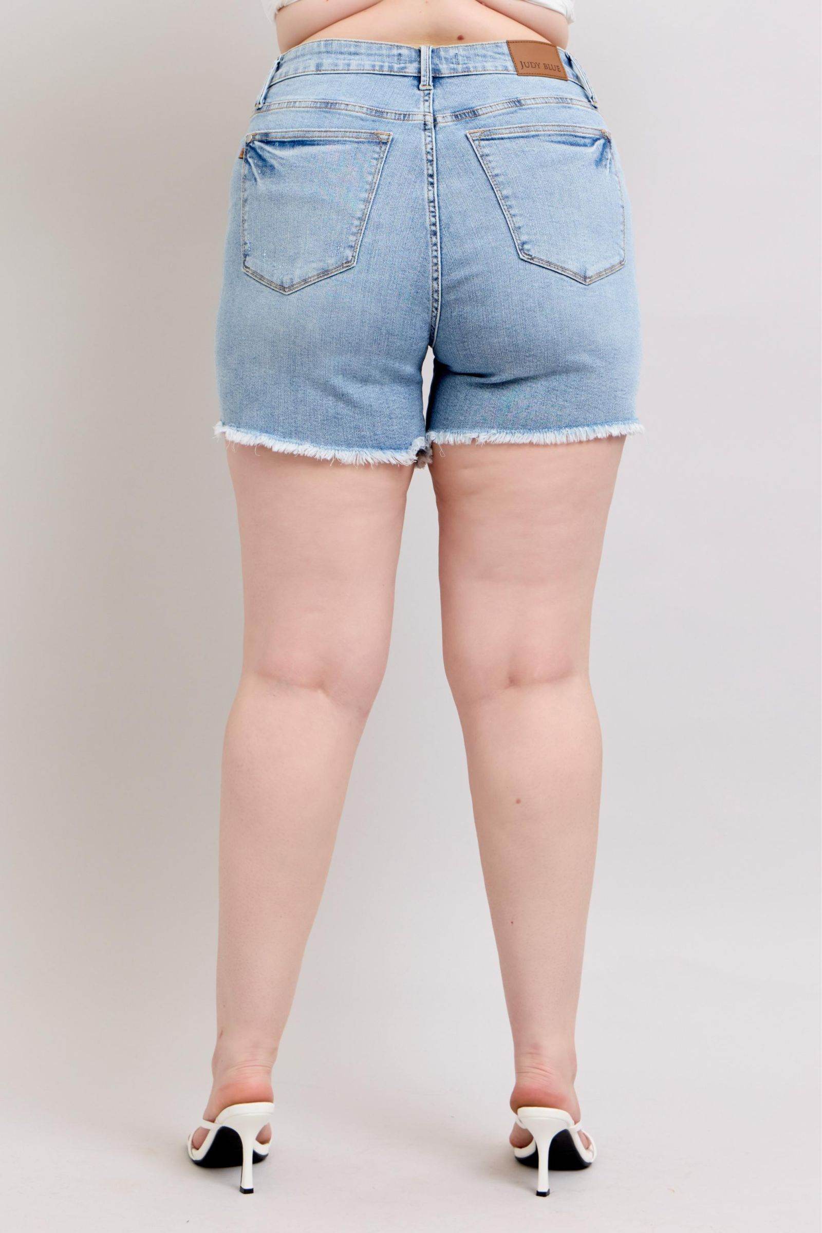 Judy Blue Full Size Tummy Control Raw Hem Denim Shorts Plus Size - Hovatok