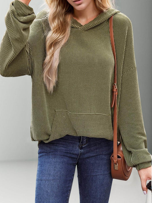Double Take Textured Kangaroo Pocket Long Sleeve Hoodie - Hovatok