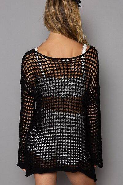 POL Side Slit Openwork Long Sleeve Knit Cover Up - Hovatok