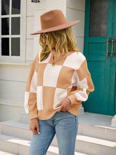 Angel Wings Checkered Round Neck Dropped Shoulder Sweater - Hovatok