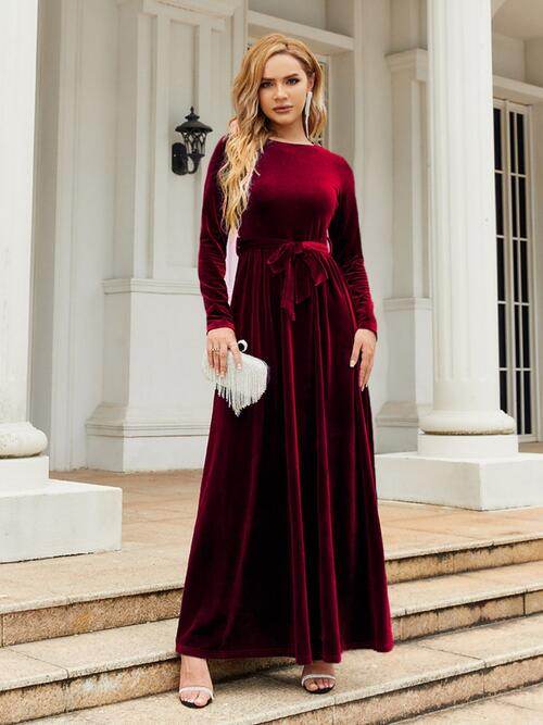 Tie Front Round Neck Long Sleeve Maxi Dress - Hovatok