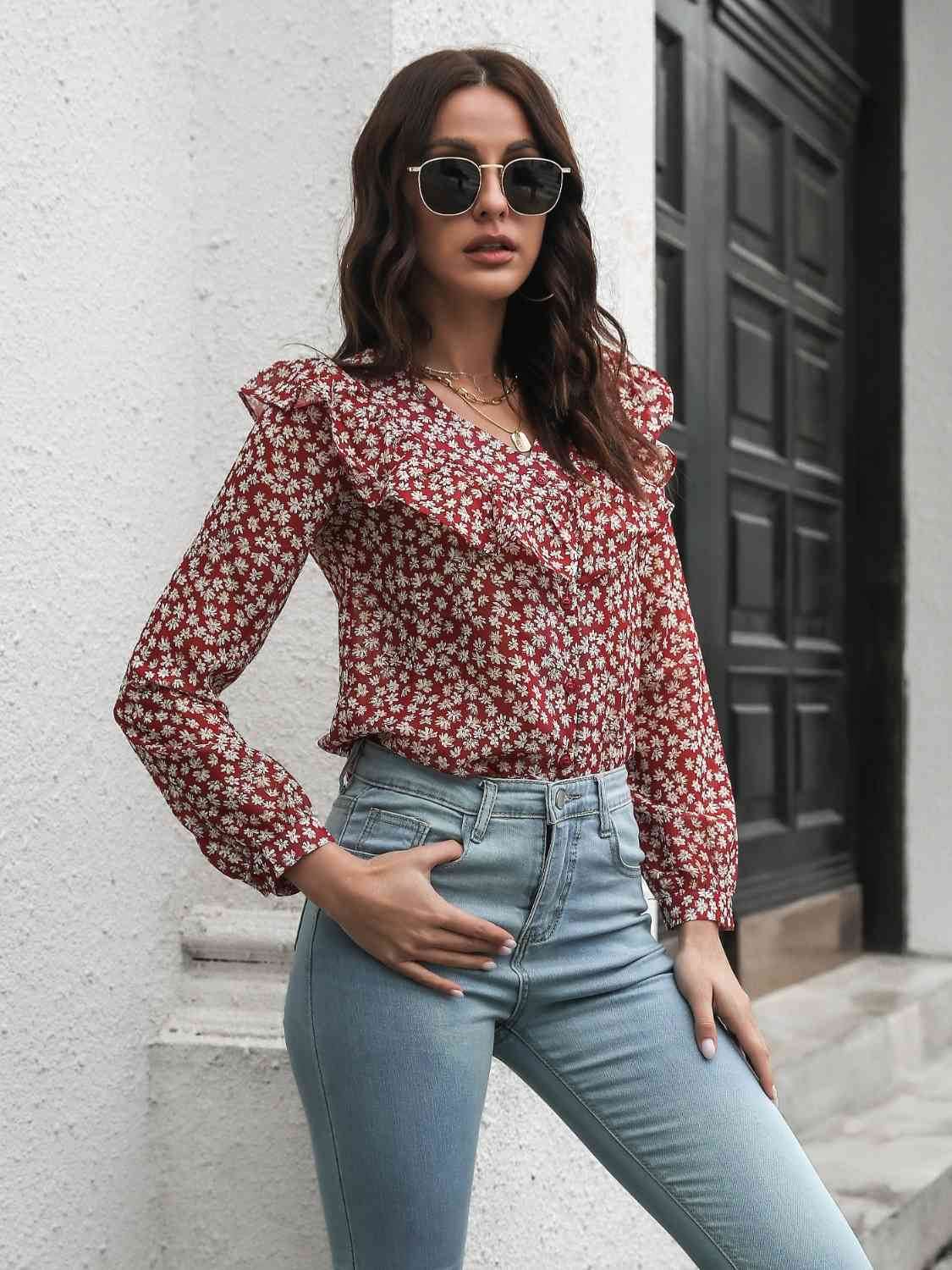 Printed Statement Collar Long Sleeve Blouse - Hovatok